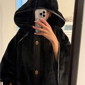 Coach Black Reversible Moto Jacket Cape Fur/100% Leather Cape with Gold Buttons